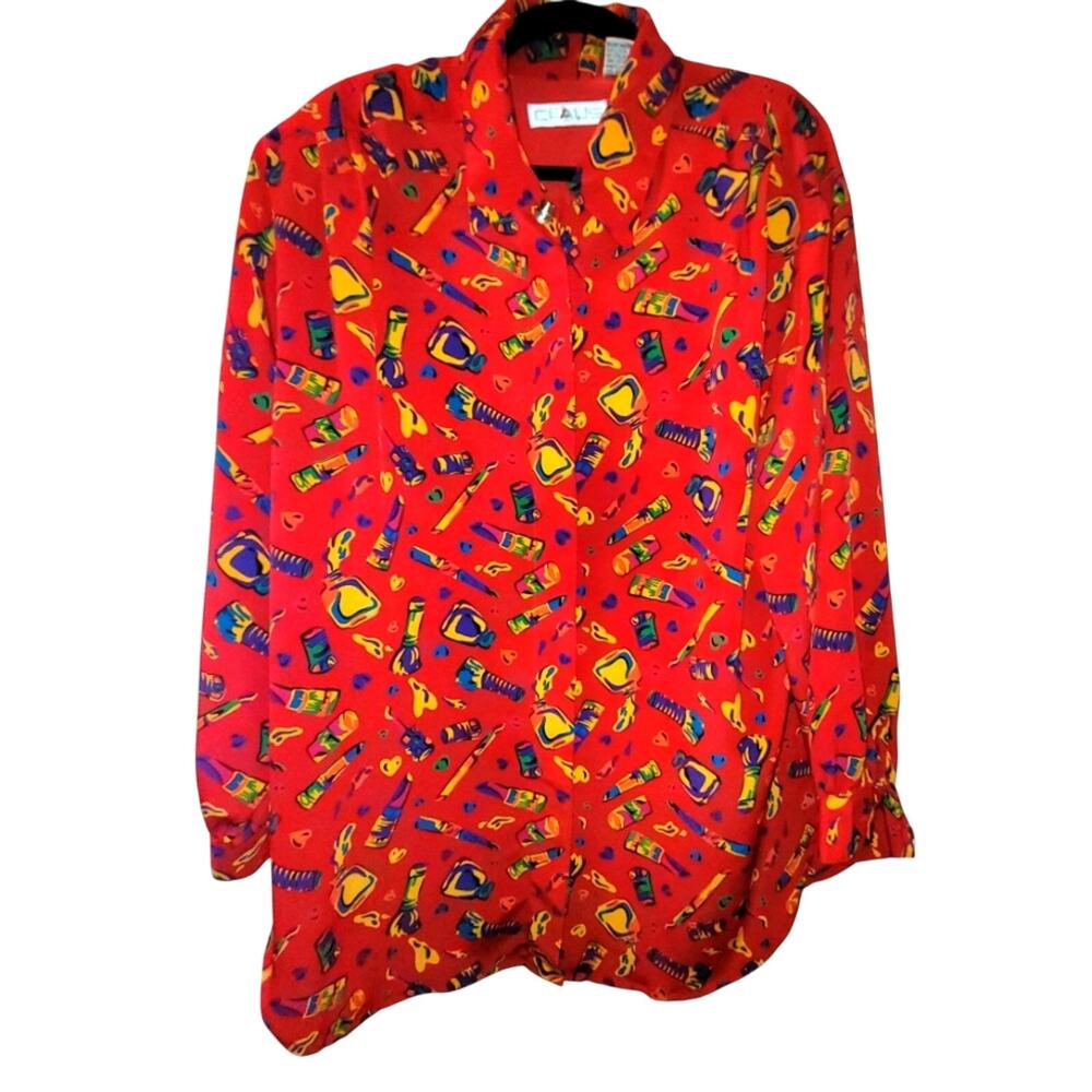 Vtg 80s Womens Red All Over Makeup Print Button Down Blouse Shoulder Pads